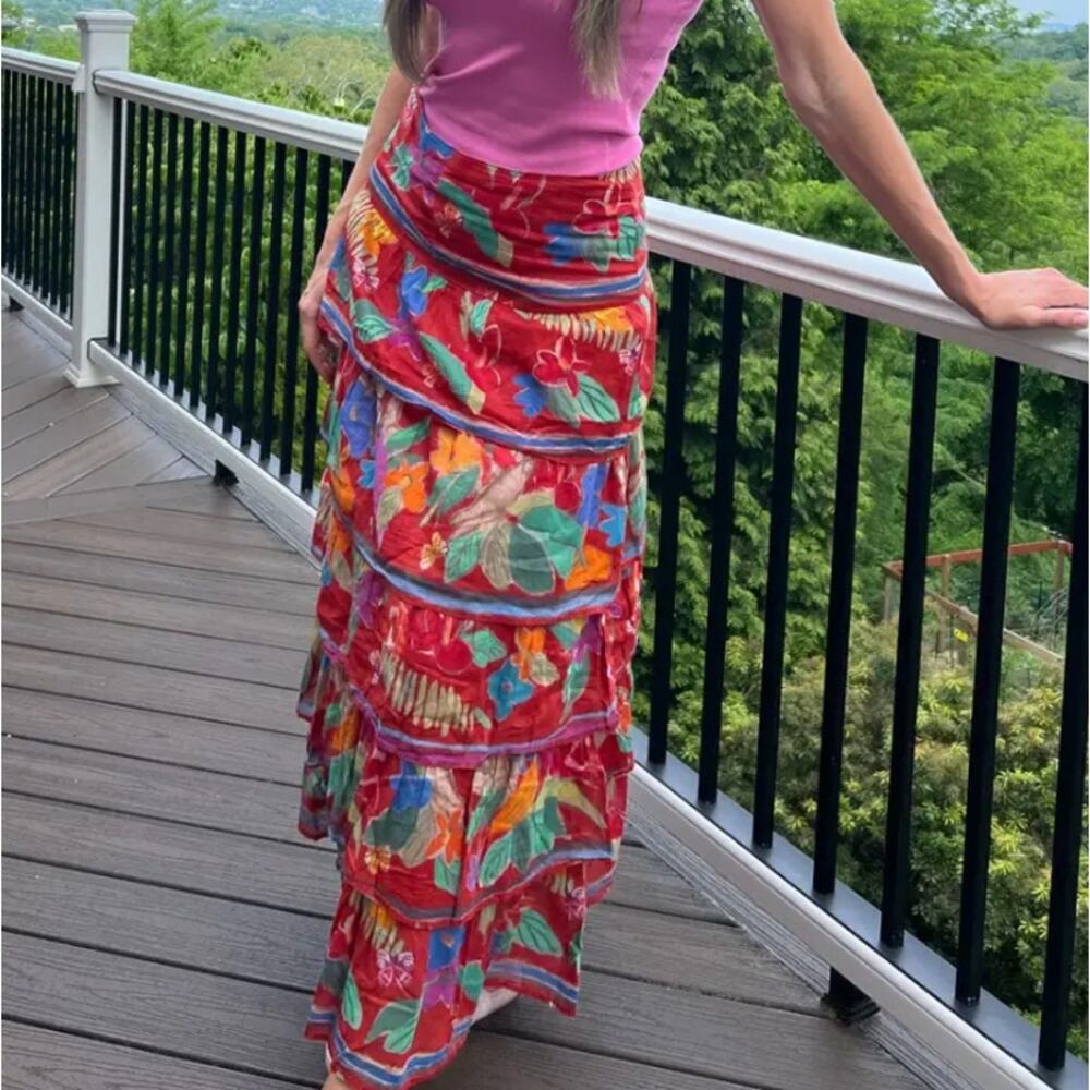 Marie Oliver Red Floral Tiered Ruffle Maxi Skirt SIZE 2 Boho Vacation Full $425 - Picture 7 of 13